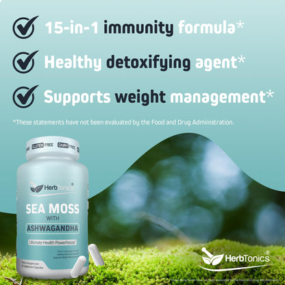 Herbtonics Sea Moss, Black Cumin Seed, Ashwagandha, Burdock Root & ACV Complex | Manage Immunity, Stress & Digestion Support | 60 Capsules (2 Capsules Per Serving) HerbtonicsBuy Supplements Australia