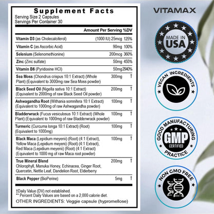 Sea Moss, Maca, Black Seed Oil, Ashwagandha, Bladderwrack, Turmeric VitamaxBuy Supplements Australia