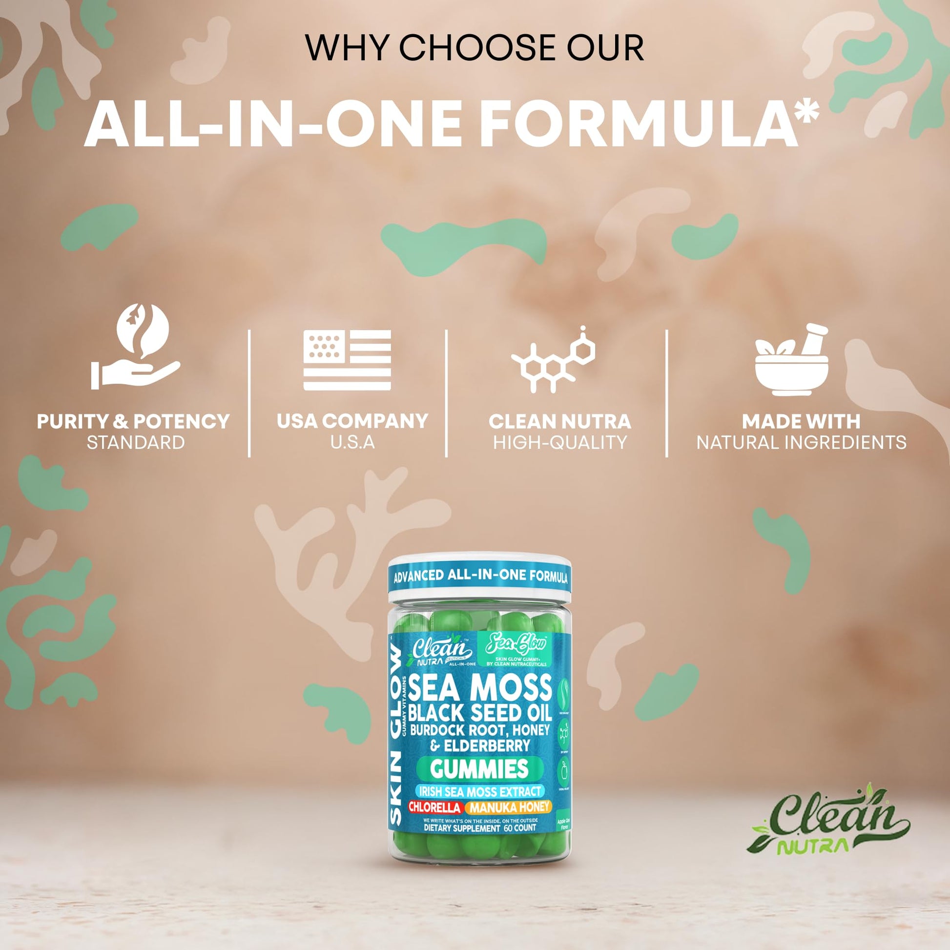 Clean Nutra Sea Moss Gummies Black Seed Oil Chlorella Ashwagandha Root Hair Growth Skin Glow Irish Sea Moss Elderberry Burdock Manuka Honey Trace Minerals Detox 60 Gummy Vitamins Sea Glow Supplement Clean NutraceuticalsBuy Supplements Australia