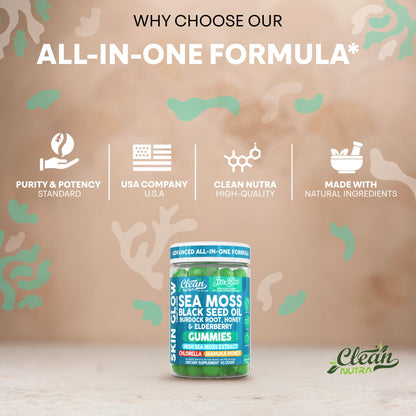 Clean Nutra Sea Moss Gummies Black Seed Oil Chlorella Ashwagandha Root Hair Growth Skin Glow Irish Sea Moss Elderberry Burdock Manuka Honey Trace Minerals Detox 60 Gummy Vitamins Sea Glow Supplement Clean NutraceuticalsBuy Supplements Australia