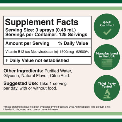 Vitamin B12 Sublingual Spray (2 Spray Dose of Vitamin 12 1000mcg, 3 Spray Serving Size Double Wood SupplementsBuy Supplements Australia