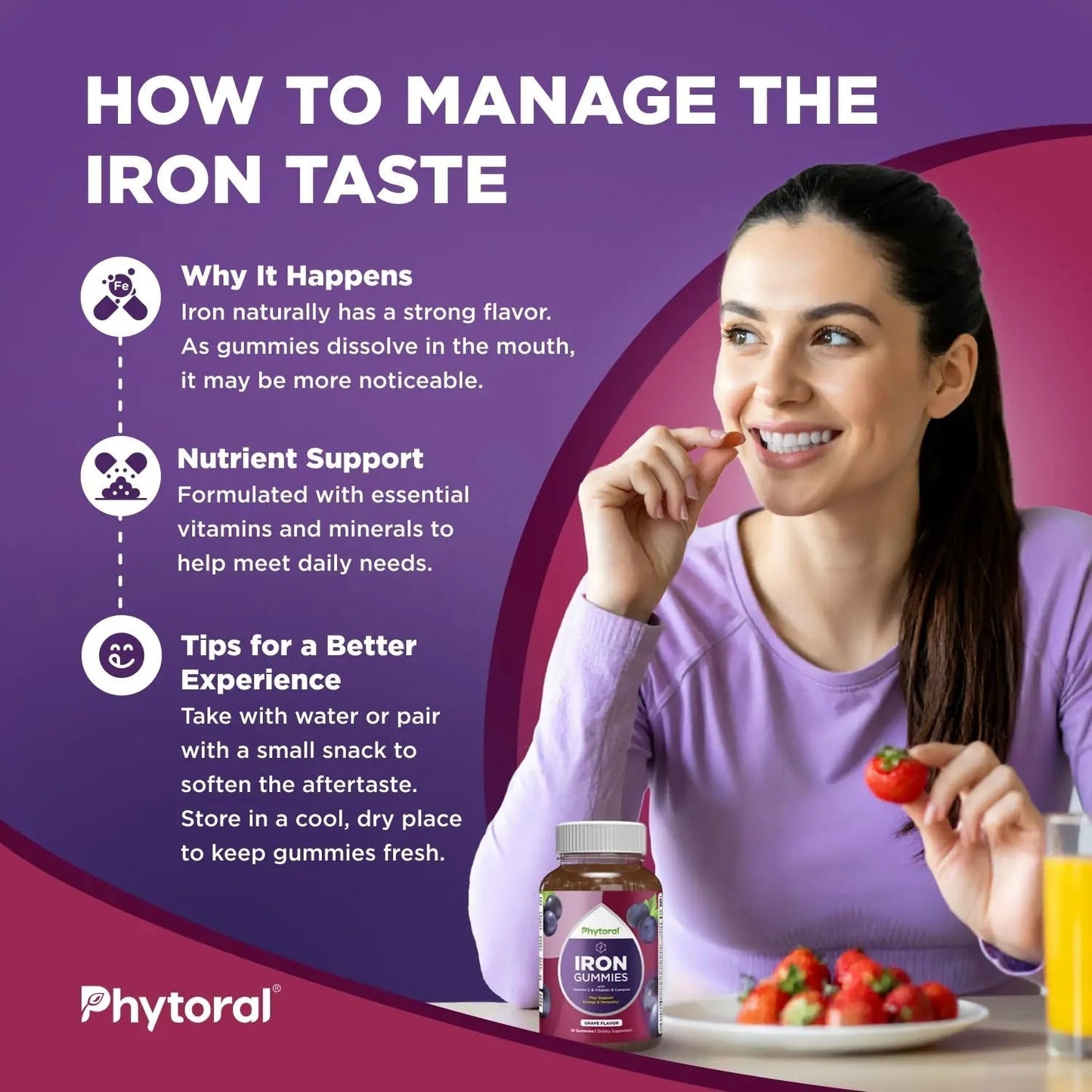 Natural Multivitamin Iron Gummies for Adults - Adult Gummy Vitamins with Iron and Energy Boost B Complex Vitamins Phytoral