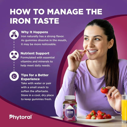 Natural Multivitamin Iron Gummies for Adults - Adult Gummy Vitamins with Iron and Energy Boost B Complex Vitamins Phytoral