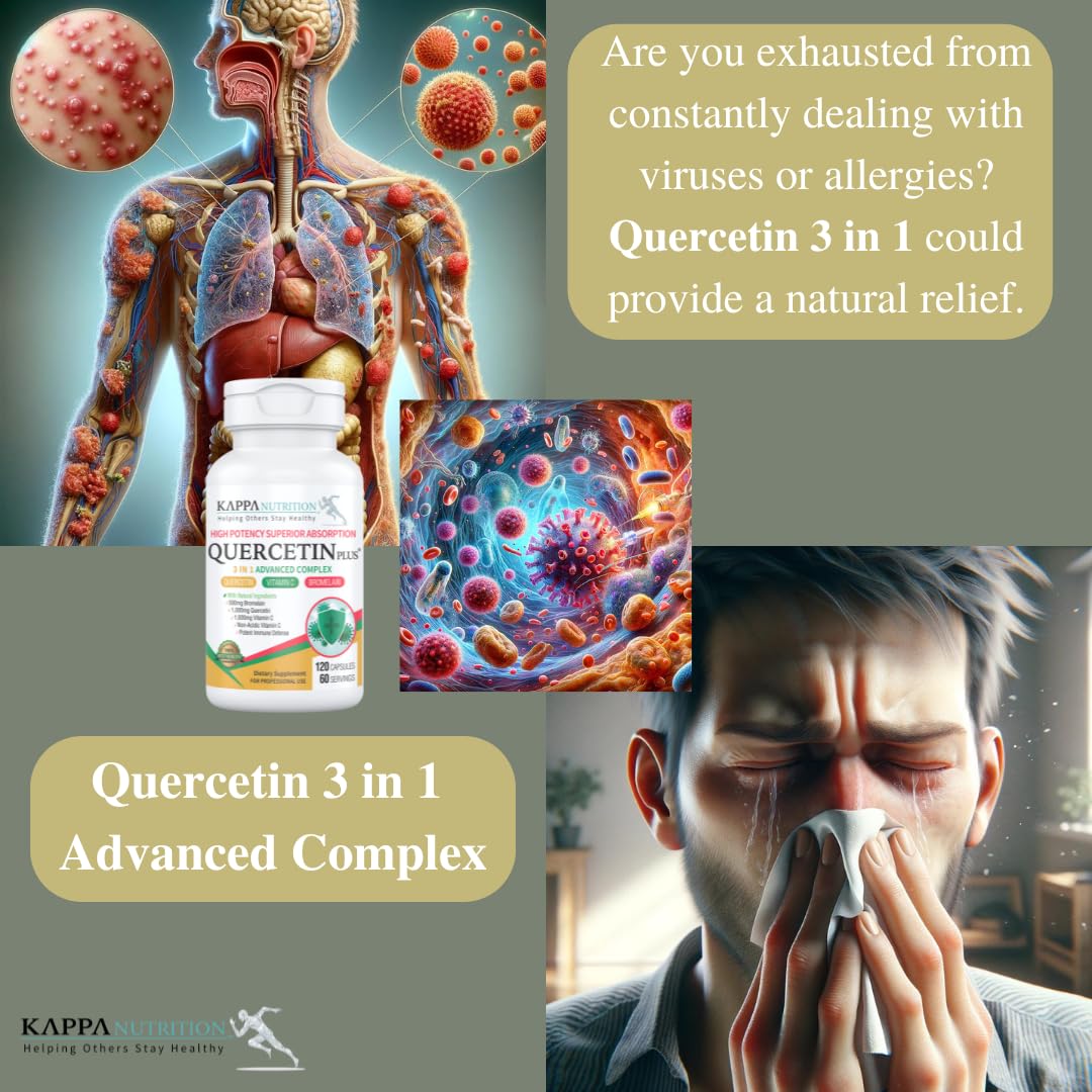 QUERCETIN PLUS, Quercetin 1,000mg, Bromelain 500mg and Vitamin C 1,000mg, (120 Capsules), 3 in 1 from Bioflavonoids, Supports Immune, Cardiovascular & Respiratory Health, Seasonal Allergy Relief. KAPPA NUTRITIONBuy Supplements Australia