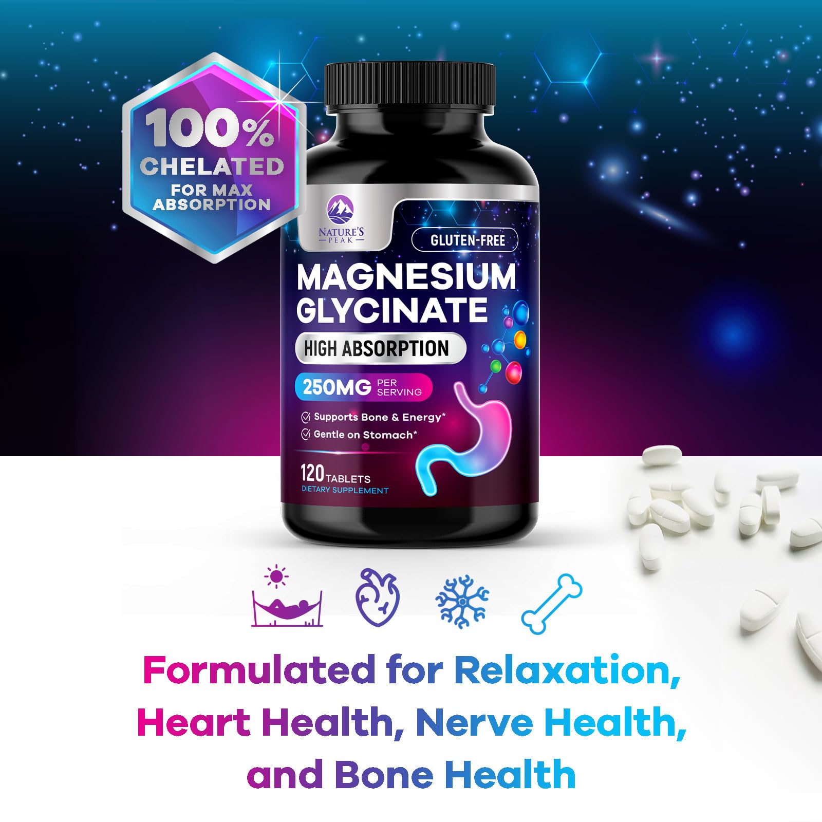 Magnesium Glycinate Supplement 250mg - 100% Chelated & Purified - to Support Sleep, Heart Health, Muscles, & Bone Strength - Best Absorption Magnesium Glycinate Capsules, Bottled in USA - 120 Tablets Nature's PeakBuy Supplements Australia