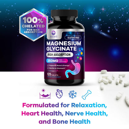 Magnesium Glycinate Supplement 250mg - 100% Chelated & Purified - to Support Sleep, Heart Health, Muscles, & Bone Strength - Best Absorption Magnesium Glycinate Capsules, Bottled in USA - 120 Tablets Nature's PeakBuy Supplements Australia