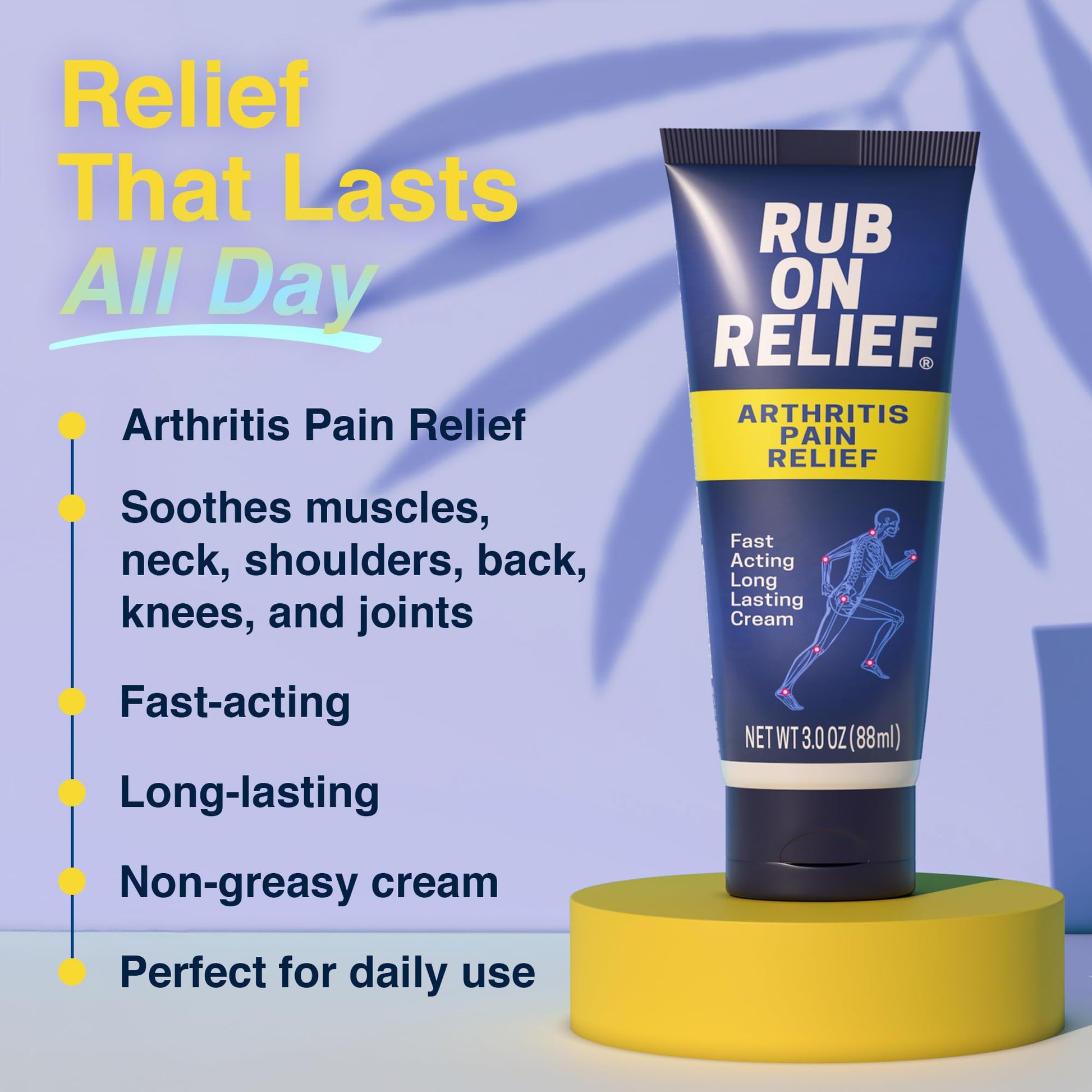 RUB ON RELIEF Arthritis Pain Relief Cream – 10-in-1 Non-Greasy Joints Pain Cream for Knees, Back, Neck, Hands, & Muscle Aches with Menthol, Camphor, Arnica, MSM & Turmeric Up to 8 Hours, 3oz (1 Pack) RUB ON RELIEFBuy Supplements Australia