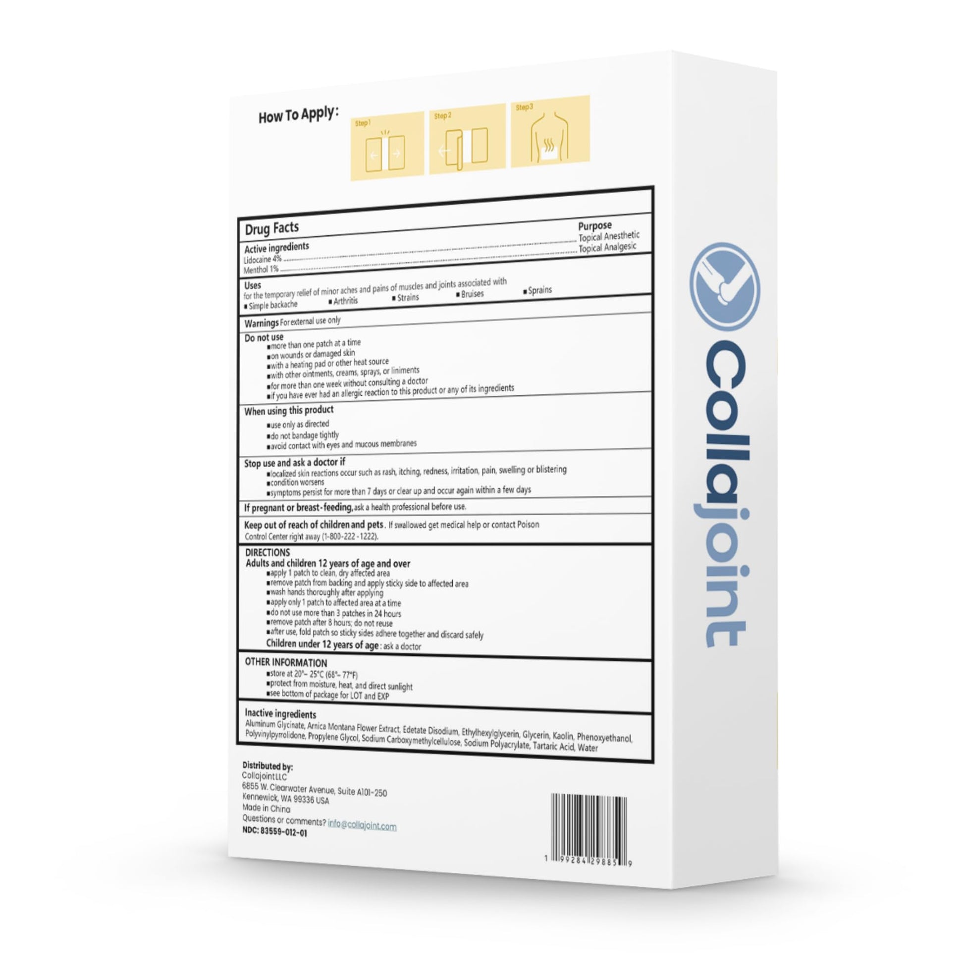 Collajoint Maximum-Strength Lidocaine 4% & Menthol 1% Hydrogel Pain Relief Patch with Arnica Montana Flower Extract-Temporary Numbing & Cooling Relief for Sore Muscles, Stiff Joints & Arthritis CollajointBuy Supplements Australia