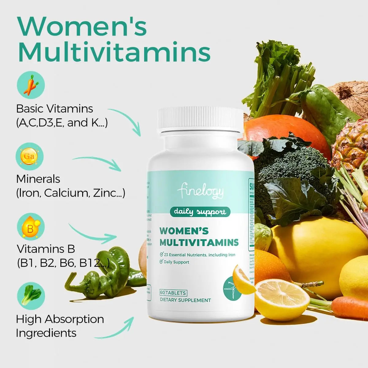 finelogy Womens Multivitamin - Essential Nutrients with Iron, Vitamins A, C, D3, K, B6 and B12 Supplements for Women’s Health, Energy Hair Skin & Nails finelogyBuy Supplements Australia