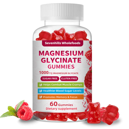 Magnesium Glycinate Gummies 1000mg - Sugar Free Magnesium Potassium Supplement for Relaxation, Calm, Stress Relief, and Sleep Support for Adults & Kids - 60 Raspberry Gummies Sevenhills WholefoodsBuy Supplements Australia