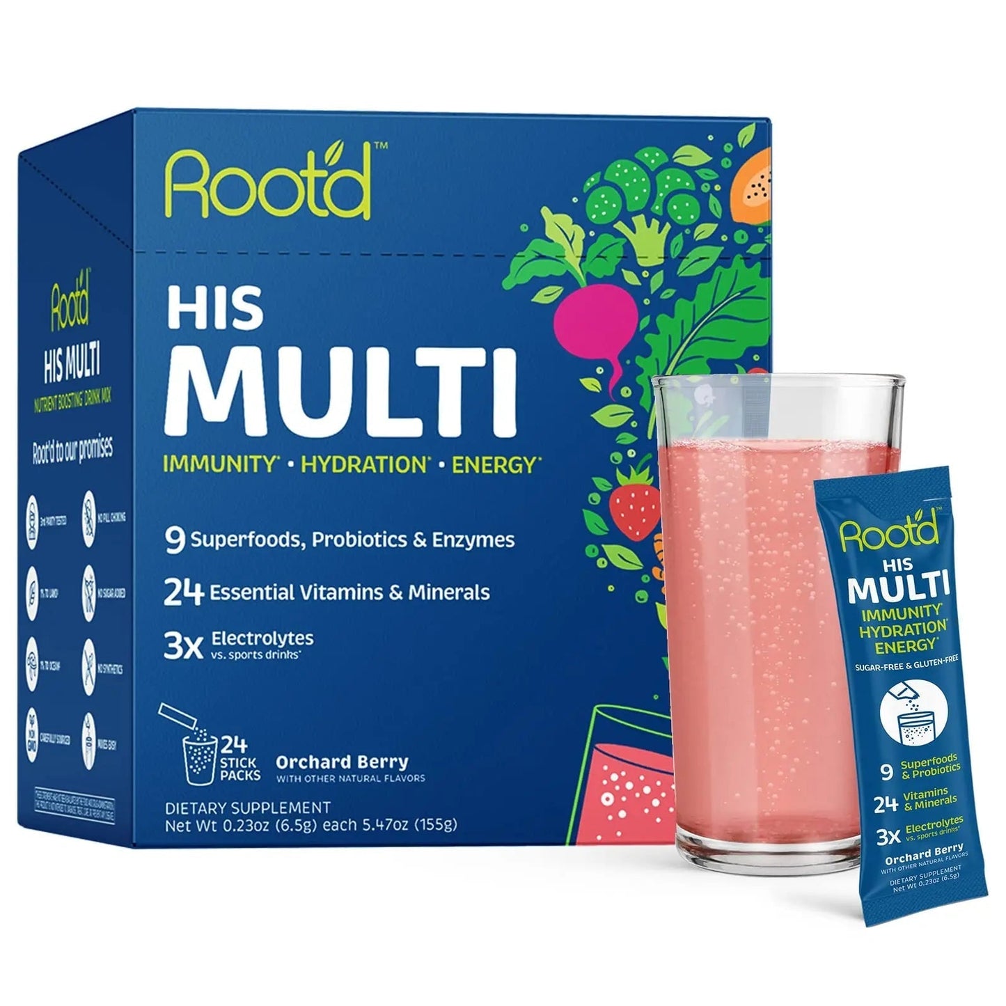Root'd Multivitamin Powder with 3X Electrolytes for Men - 24 Vitamins & Minerals, 3X Electrolytes, 9 Organic Superfoods, Probiotics & Enzymes Root'd