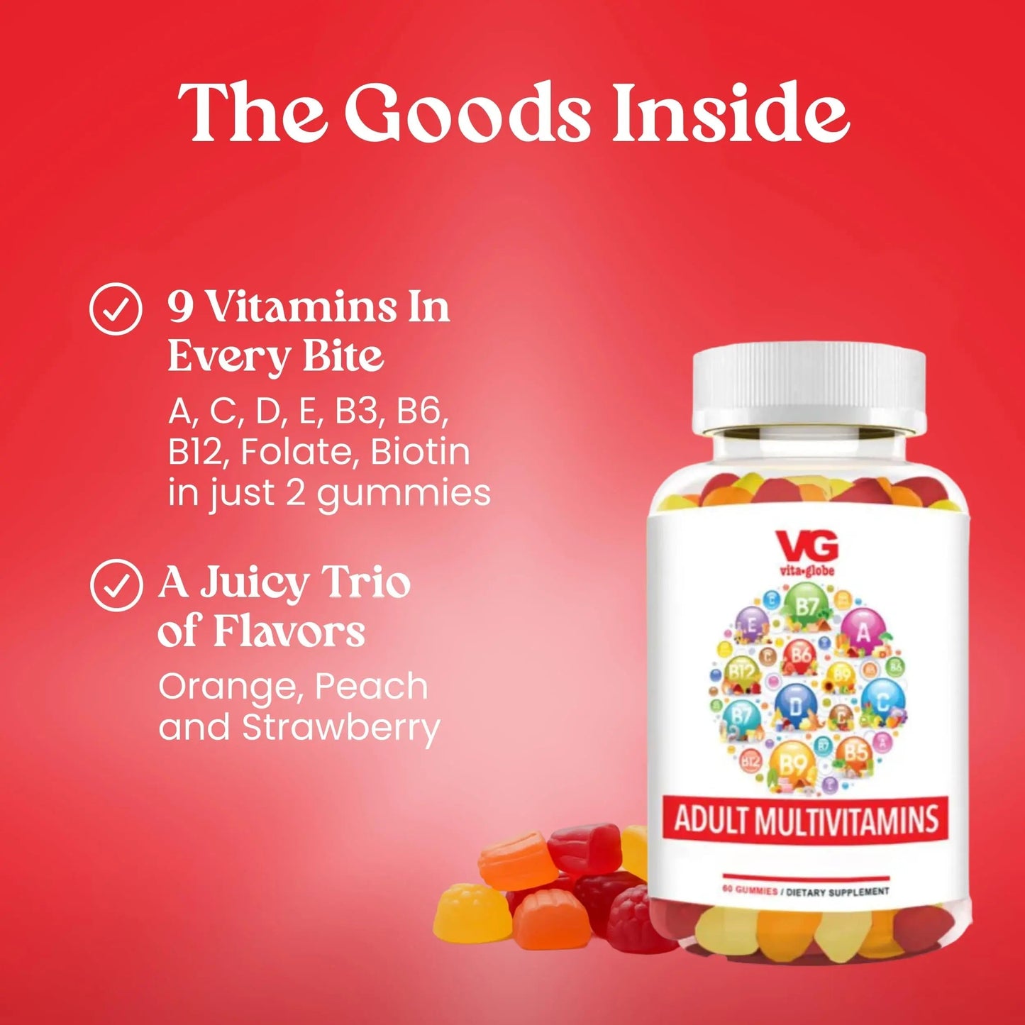 VITA GLOBE Adult Multivitamin Gummies – 9 Daily Vitamins with C, D, E, B6, B12, Folate & Biotin | Delicious Juicy Trio Orange VITA GLOBE