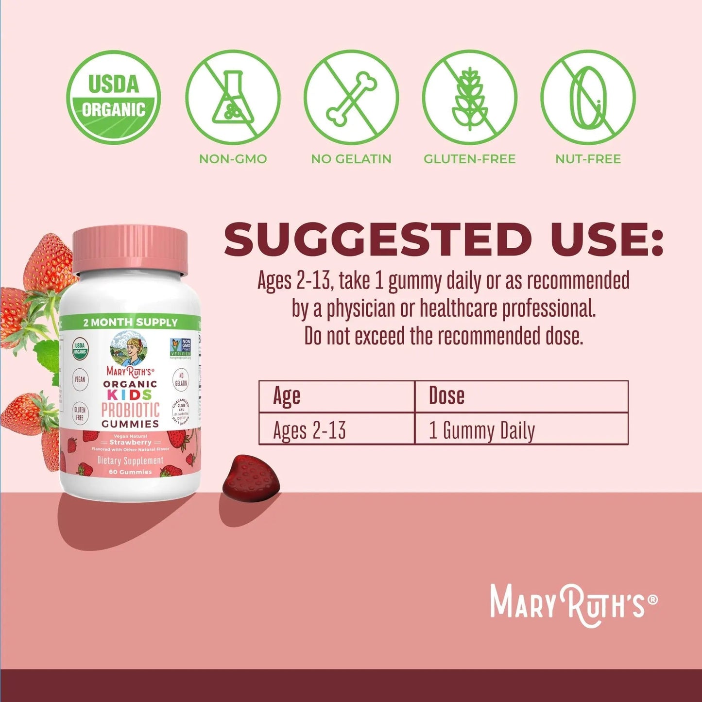 MaryRuth Organics Multivitamin and Probiotic Gummies (Strawberry) for Kids | Clean Label Project Verified® | Vitamins for Gut Health MARYRUTH'S