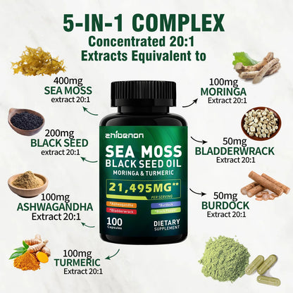 Zhibenon Sea Moss Capsules with Bladderwrack & Burdock - 50 Day Supply - Powerful Formula with Black Seed Oil, Ashwagandha, Turmeric, Vitamin C, Vitamin D3, Moringa & Black Pepper Extract ZhibenonBuy Supplements Australia