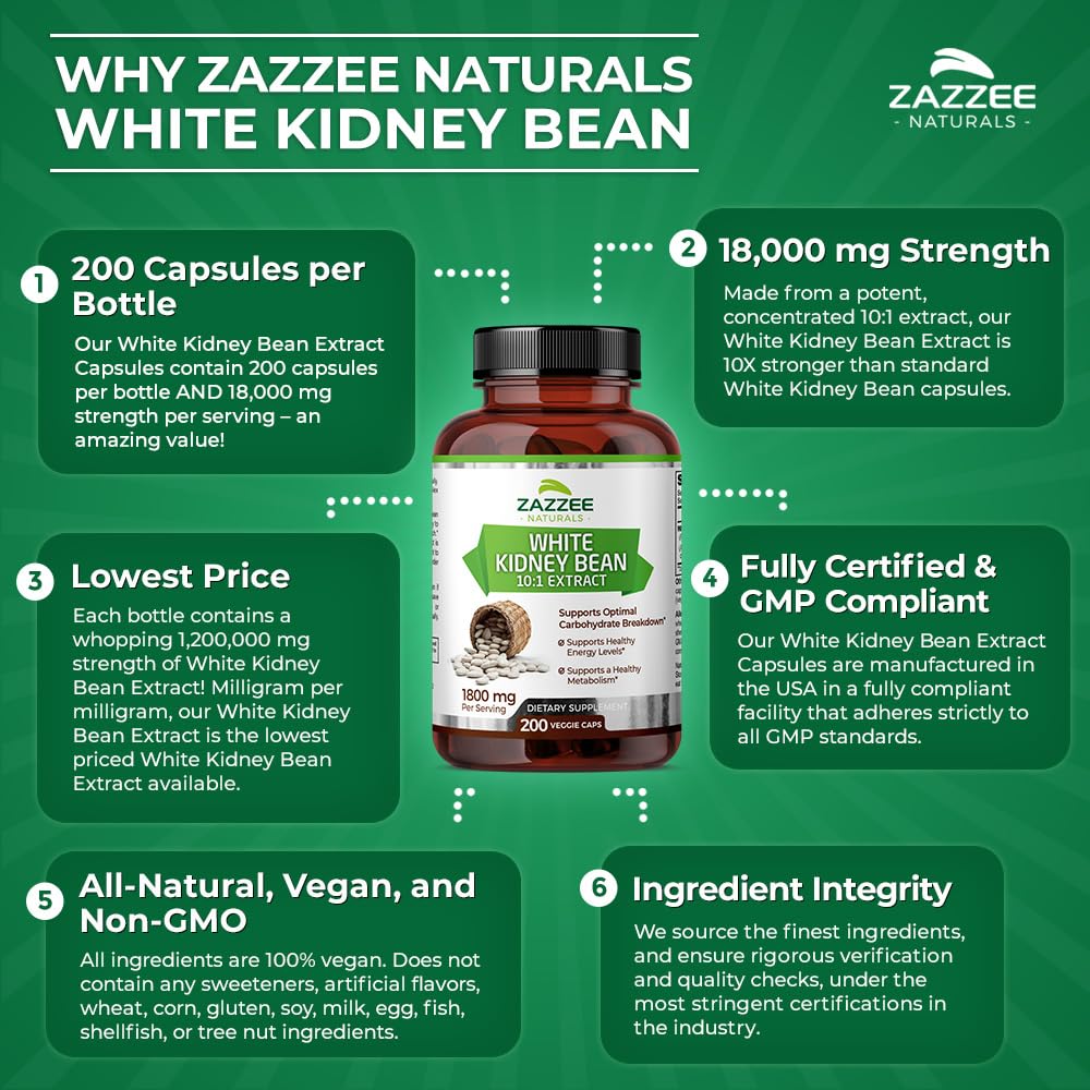 Zazzee White Kidney Bean 10:1 Extract, 18,000 mg Strength, 200 Vegan Capsules, Over 2 Month Supply ZazzeeBuy Supplements Australia