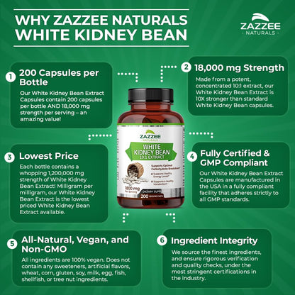 Zazzee White Kidney Bean 10:1 Extract, 18,000 mg Strength, 200 Vegan Capsules, Over 2 Month Supply ZazzeeBuy Supplements Australia