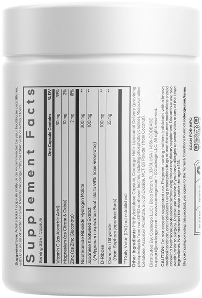 Codeage Liposomal NRHM+ Supplement - NRH Hydrogen Malate 300 mg, Resveratrol, D-Ribose & Quercetin - Vitamin C, Magnesium & Zinc - Liposomal Delivery - Non-GMO - 60 Capsules CodeageBuy Supplements Australia