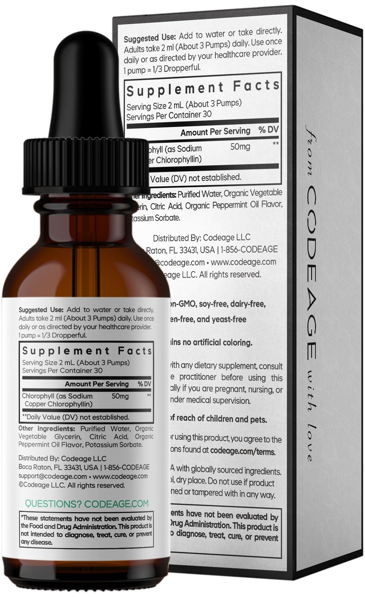 Codeage Chlorophyll Liquid Drops Supplement - Vegan Chlorophyll 50 mg per Serving, Organic Peppermint Flavor Clorofila Drink - Non-GMO, Gluten-Free, Vegan - 2 fl oz CodeageBuy Supplements Australia