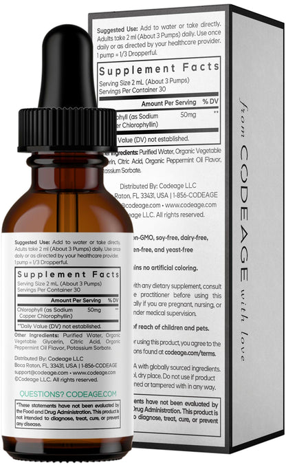 Codeage Chlorophyll Liquid Drops Supplement - Vegan Chlorophyll 50 mg per Serving, Organic Peppermint Flavor Clorofila Drink - Non-GMO, Gluten-Free, Vegan - 2 fl oz CodeageBuy Supplements Australia
