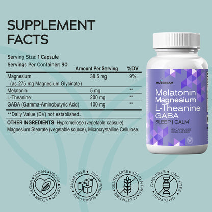 MuseBeam Magnesium Glycinate 275mg Melatonin 5mg L-Theanine 200mg GABA 100mg Capsules - Full Rest Nighttime Bedtime Support Supplement for Men Women - Vegan Sugar-Free Gluten-Free musebeamBuy Supplements Australia