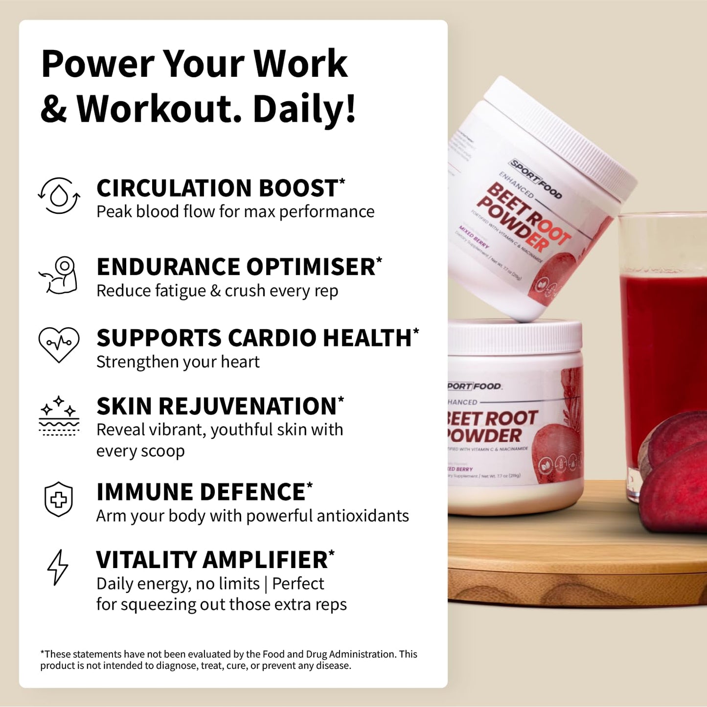SPORTFOOD Beet Root Powder with Niacinamide & Vitamin C - Superfood for Circulation, Energy, & Stamina | Vegan, Non-GMO, Nitric Oxide Boost for Pre-Workout & Heart Health | Mixed Berry Flavor | 7.7oz Sport FoodBuy Supplements Australia