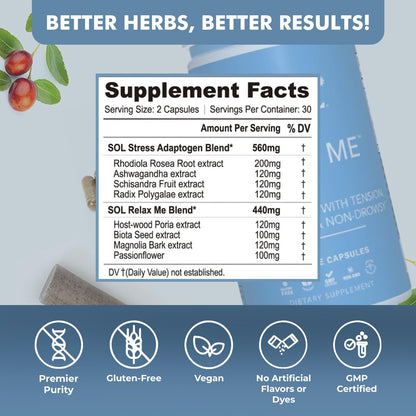 Sol Nutrition Relax Me - Natural Calming Relief for Stress, Tension, & Worry - 15x More Effective - Support Mood, Relax the Mind & Body - Supplements for Adults - Non-Drowsy - 60 Vegetarian Capsules Sol NutritionBuy Supplements Australia