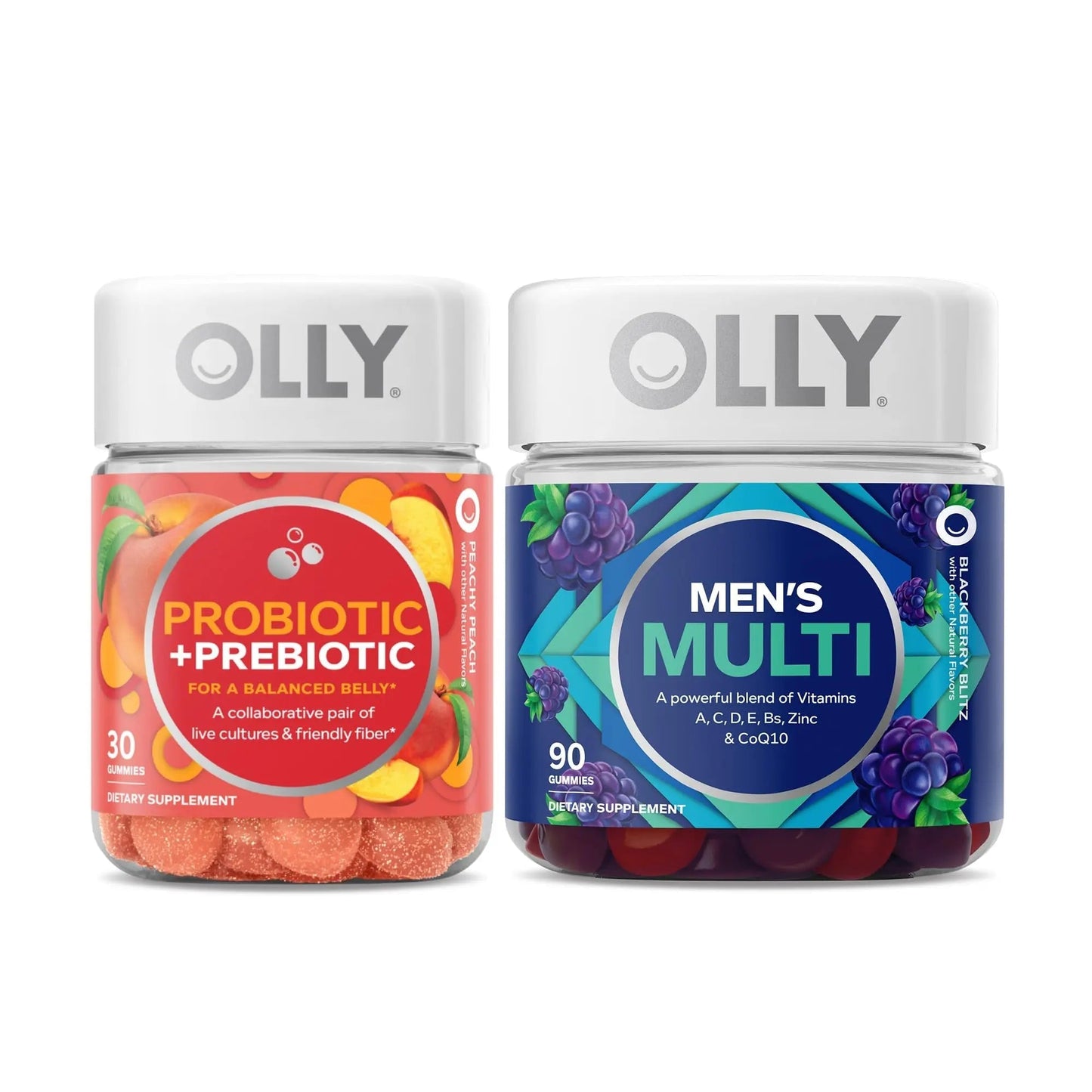 OLLY Probiotic + Prebiotic and Men’s Perfect Multi Starter Pack Bundle, Live Cultures & Friendly Fiber, Vitamins A, D, C, E, Bs, Zinc & CoQ1030, 30 and 90 Count OLLY