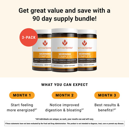 ACTIVATEDYOU Morning Complete Daily Wellness Greens Superfood Drink Mix for Gut Health w/Prebiotics, Probiotics, Antioxidants, Green Superfoods, 10 Billion CFUs (3 Pack, Citrus Medley) ACTIVATEDYOUBuy Supplements Australia