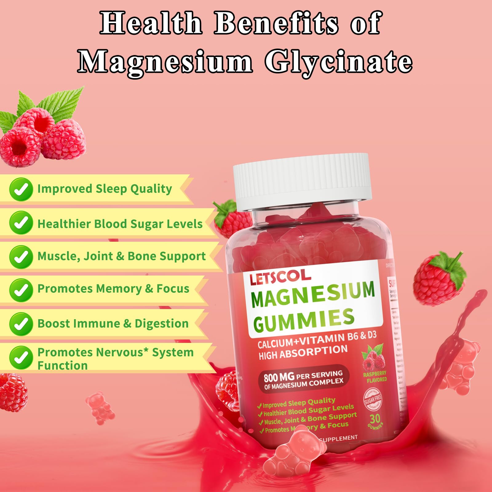 LETSCOL Magnesium Glycinate Gummies 800mg Per Serving, Sugar Free Magnesium Supplement with Magnesium Malate, Calcium, Vitamin D3, B6, CoQ10 for Calm Support & Zzz for Adults Kids LETSCOLBuy Supplements Australia