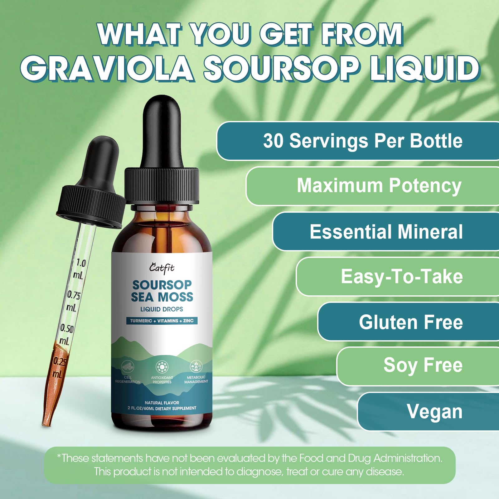 Catfit Soursop Graviola Liquid Drop – Soursop Drops for Cell Support, Antioxidant, Relaxation & Immune Boost with Sea Moss, Turmeric, Black Pepper, B6 C, Zinc, Sugar Free, Gluten Free, Vegan, 2 Fl Oz CatfitBuy Supplements Australia