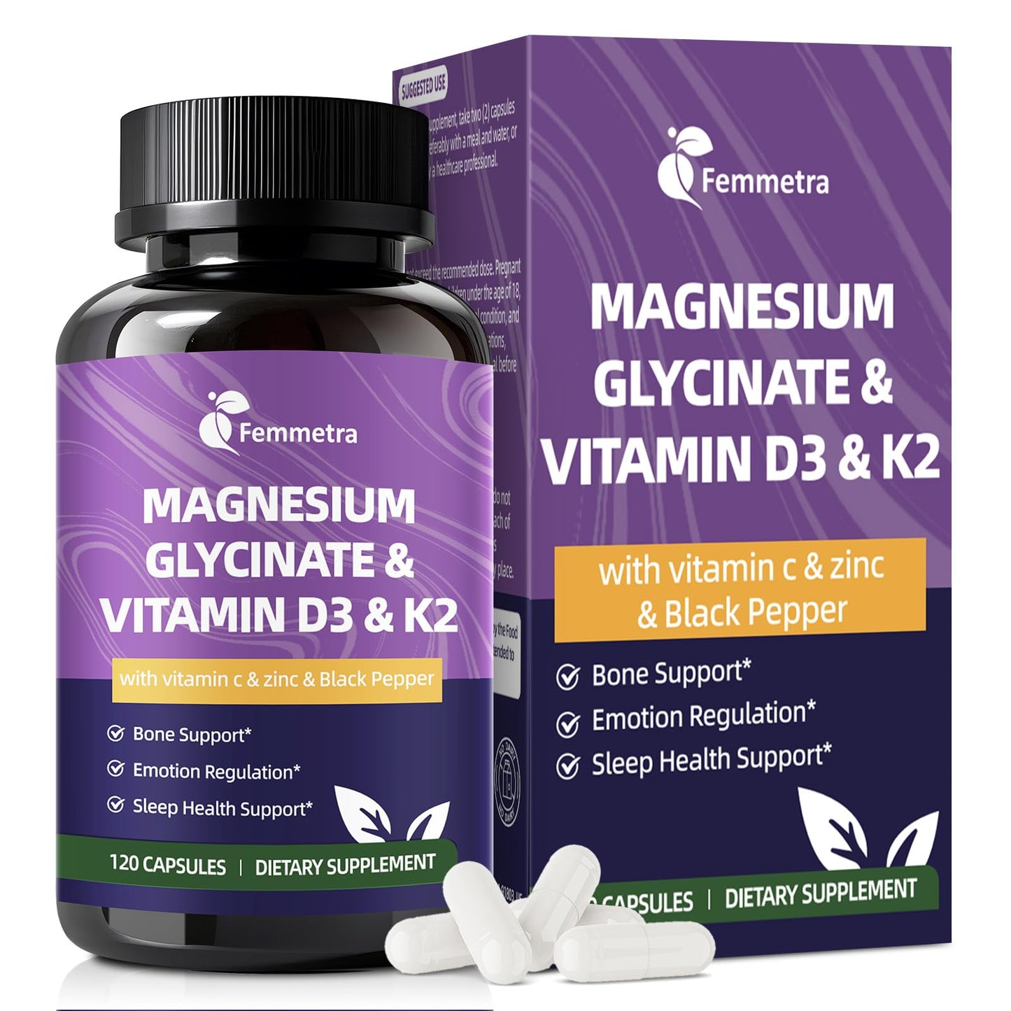 Magnesium Glycinate 600mg Vitamin D3 K2 Supplement with Vitamin C, Zinc, & Aloe Vera - Bone Support, Energy & Mood Manage & Sleep Health for Men & Women, Non-GMO, Vegan, 120 Capsules FemmetraBuy Supplements Australia