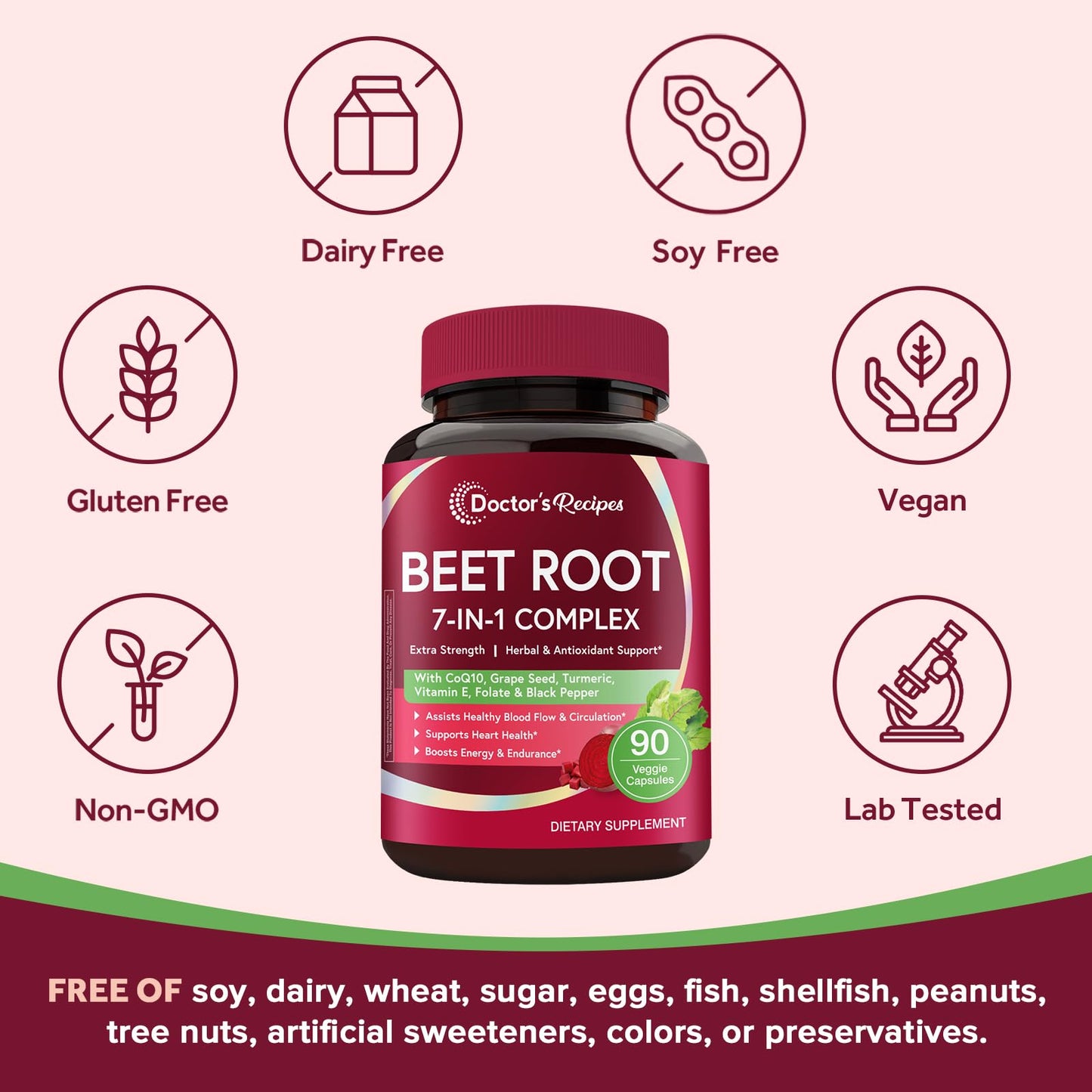 Doctor's Recipes Beet Root Capsules, 20:1 Extract with Grape Seed, CoQ10, Turmeric, Black Pepper for Enhanced Absorption, Supports Heart, Circulation, Energy & Nitric Oxide, Non-GMO, 90 Veg Caps Doctor's RecipesBuy Supplements Australia