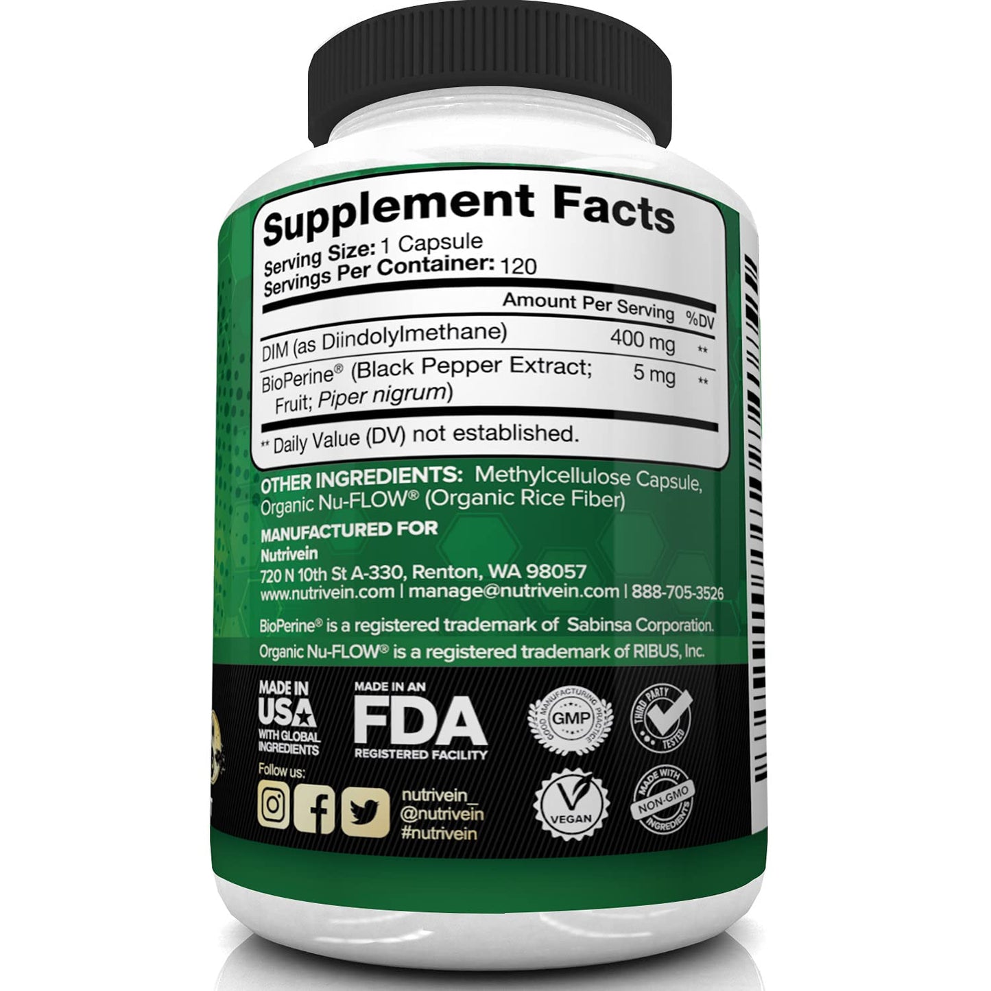 Nutrivein DIM Supplement 400mg Diindolylmethane Plus Bioperine - Maintain Hormone NutriveinBuy Supplements Australia
