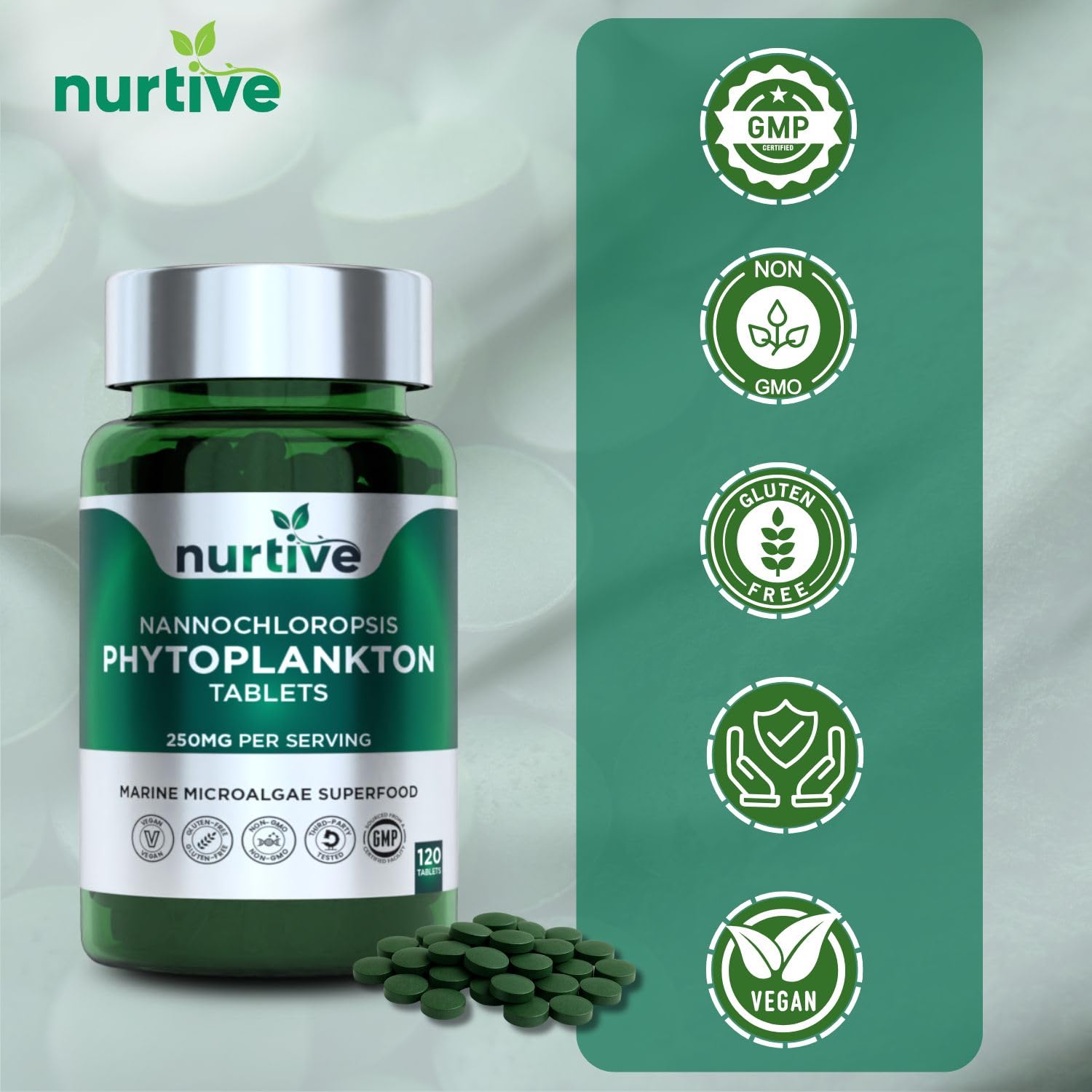 NURTIVE Nannochloropsis Phytoplankton Tablets – 250mg per Serving – Vegan, Gluten-Free, Non-GMO, No Fillers – Third-Party Tested, GMP Certified – 2 Tablets/Day for 2 Month, 120 Tablets/Bottle NURTIVEBuy Supplements Australia