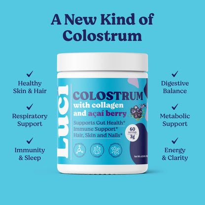 Luci Colostrum Powder 60 Servings, 3 in 1 with Collagen Peptides and Acai, Bovine Colostrum for Gut Health, Bloating, Collagen Protein for Muscle, Skin, Hair, Nails and Immunity, Gluten & Fat Free Luci NutritionBuy Supplements Australia