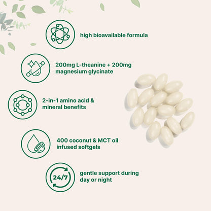 L-Theanine 200mg with Magnesium Glycinate, 400 Coconut MCT Oil Softgels | 2-in-1 Amino Acid & Mineral Complex | Gentle Care All Day & Night