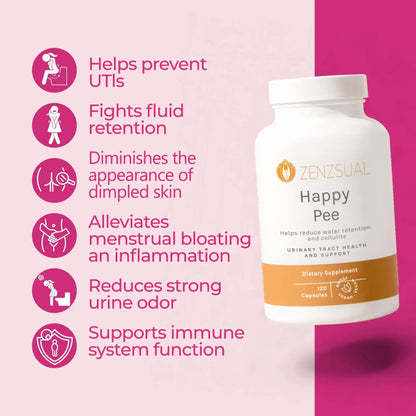 ZENZSUAL Happy Pee, 120 Capsules – Urinary Tract Support & Bladder Health Supplement with Cranberry, D-Mannose, Vitamin C and Oregano for Women and Men – Healthy Flow, Comfort & Fluid Balance ZENZSUALBuy Supplements Australia
