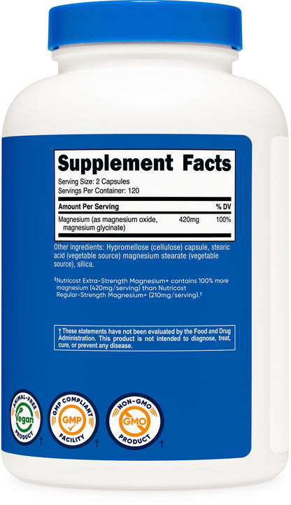 Nutricost Magnesium+ Extra Strength 420mg, 240 Capsules - 120 Servings. Magnesium Oxide and Glycinate - Non-GMO, Gluten Free, Vegan Friendly NutricostBuy Supplements Australia