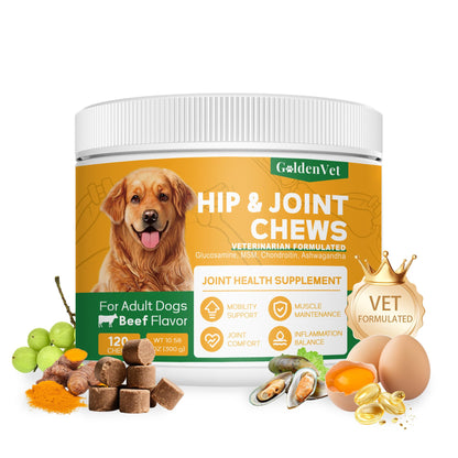 Hip and Joint Chews for Senior Dogs with Glucosamine HCL, Chondroitin, Green-lipped Mussel, Ashwagandha for Anti Inflammatory, Mobility Support, Muscle Maintenance, Joint Comfort 120 Ct GOLDENVETBuy Supplements Australia