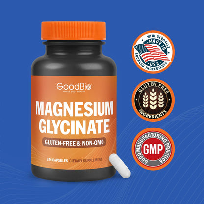 Magnesium Glycinate - High Absorption Magnesium Supplement 500mg Per Serving for Stress Relief, Sleep, Heart and Bone Health, Nerve Support - Non-GMO, Gluten-Free, Gentle on Stomach, 240 Capsules GOODBIOBuy Supplements Australia