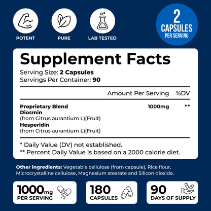 We Like Vitamins Diosmin Hesperidin 1000mg – 180 Capsules – 90 Day Supply - Diosmin and Hesperidin Supplement – Helps to Support Healthy Circulation,