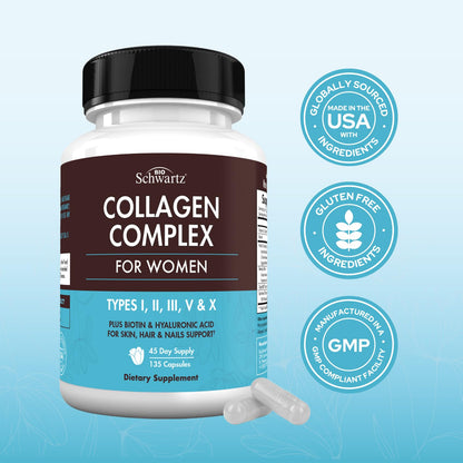 Multi Collagen Pills for Women (Types I II III V X) with Vitamin C Hyaluronic Acid Biotin BioSchwartzBuy Supplements Australia