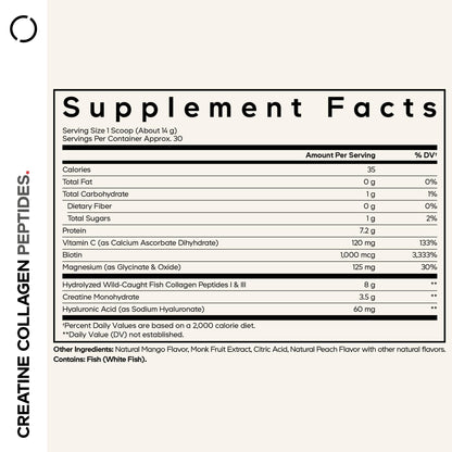 Codeage Creatine Collagen Peptides - Creatine Monohydrate Powder Supplement, Wild-Caught Marine Collagen, Biotin, Magnesium, Vitamin C, Hyaluronic Acid - Mango Flavored - Non-GMO - 15 Oz CodeageBuy Supplements Australia