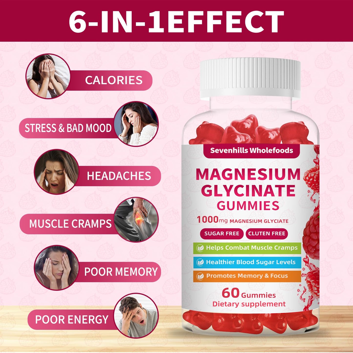 Magnesium Glycinate Gummies 1000mg - Sugar Free Magnesium Potassium Supplement for Relaxation, Calm, Stress Relief, and Sleep Support for Adults & Kids - 60 Raspberry Gummies Sevenhills WholefoodsBuy Supplements Australia