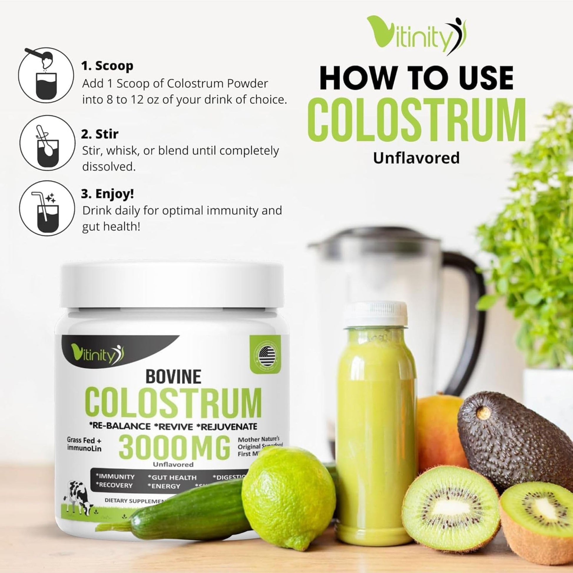 VITINITY Grass Fed Bovine Colostrum Powder for Humans 3000 mg - Natural IgG Colostrum Supplement Gut Health, Immune Support, Muscle Recovery, Wellness | Pure Colostrum Superfood,Unflavored 2 Pack VITINITYBuy Supplements Australia