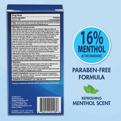 HealthWise 16% Menthol Roll-On | Cold Hot Sensation | Pain Relief Liquid | 2.5 oz. 73 mL | Non-Greasy Formula | Immediate Penetrating Action | Topical Analgesic HealthWiseBuy Supplements Australia