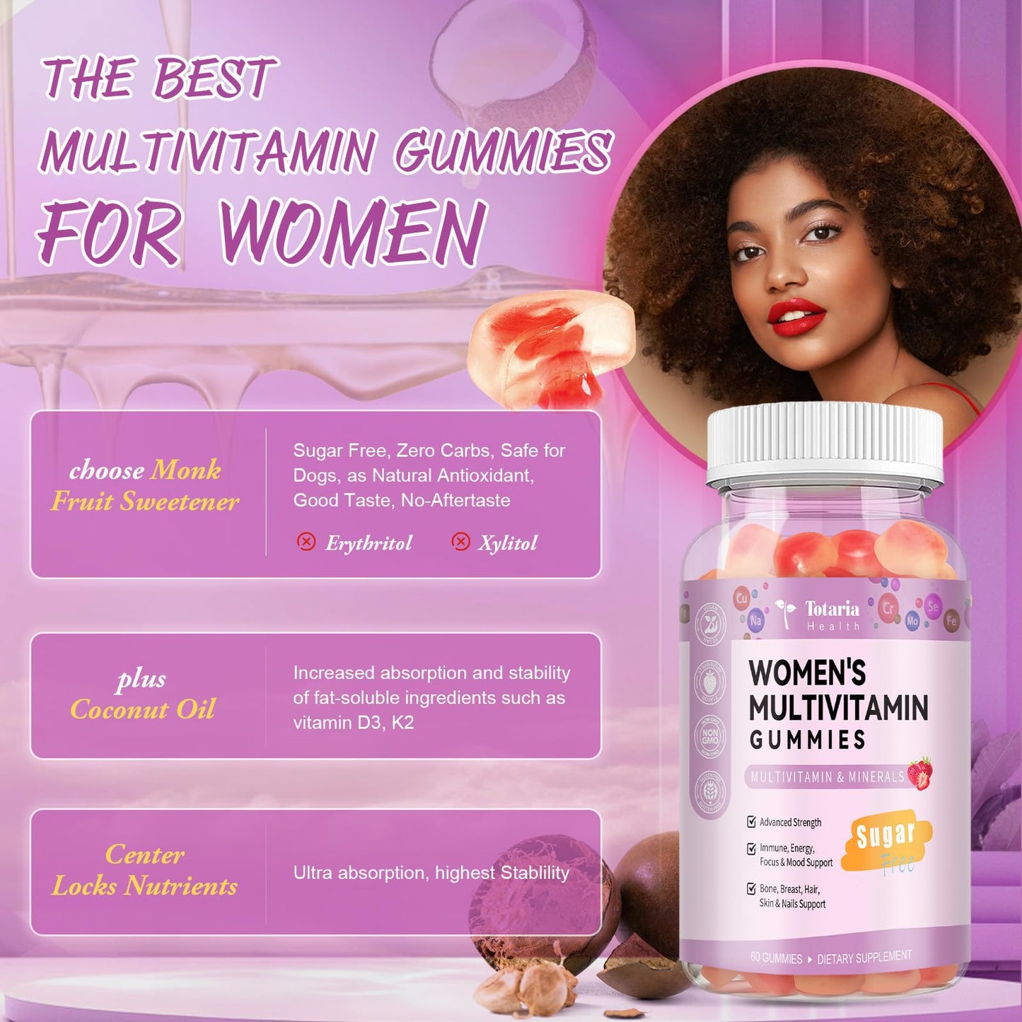 Totaria Sugar Free Multivitamin Gummies for Women 14+ w/Iron, Inositol, Folate, Biotin, Womens Daily Multivitamin Gummy w/Vitamin A, C, B, D3, K2, for Hair, Skin,
