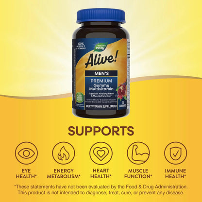 Nature's Way Alive! Men's Premium Gummy Multivitamin, Supports Healthy Heart, Muscle Function*, Full B-Vitamin Complex, Orange, Grape Nature's WayBuy Supplements Australia