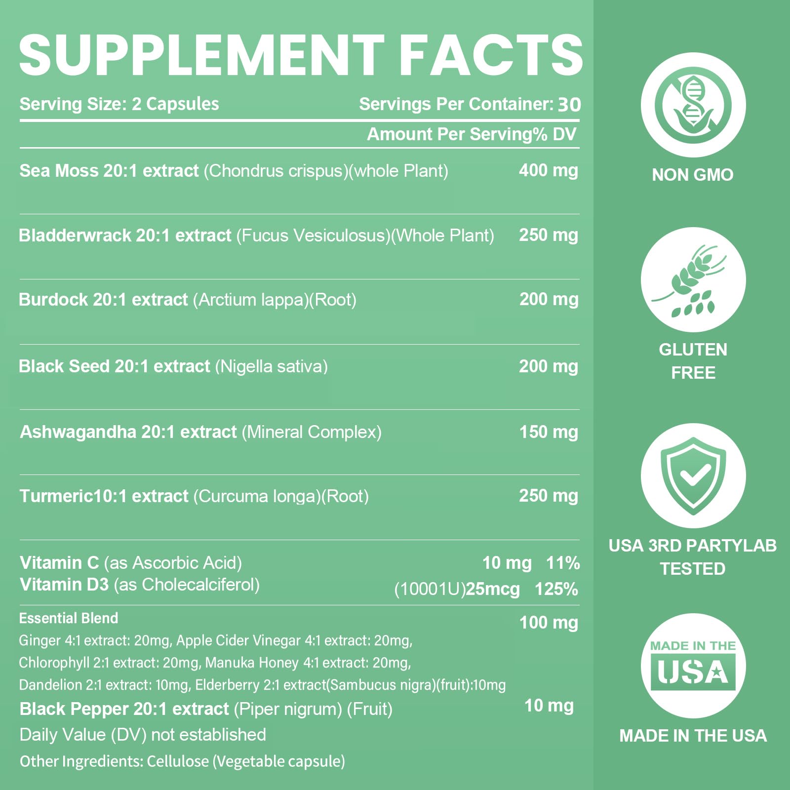 Sea Moss Black Seed Oil Ashwagandha Bladderwrack Burdock Root Turmeric & Vitamin C D3 Elderberry ACV Black Pepper - Multimineral Supplement - 60 Count GrevolBuy Supplements Australia