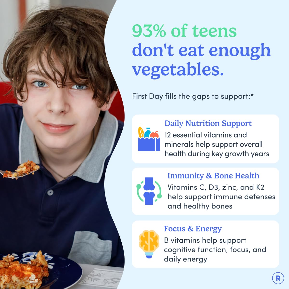 FIRST DAY Vitamins for Teens - Teen Multi Vitamins for Girls & Boys 12-17, Organic Fruit & Veggie Blend - 12 Key Nutrients: Vitamins A